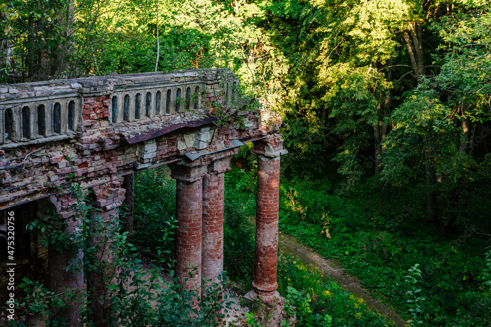 Old ruined overgrown balcony of abandoned mansion. Former manor Stepanovskoe-Pavlishchevo, Kaluga region Old ruined overgrown balcony of abandoned mansion. Former manor Stepanovskoe-Pavlishchevo, Kaluga region