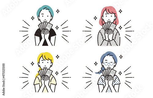 お札を広げる女性セット