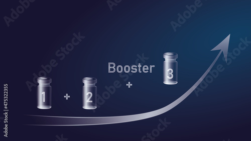 Ein steigender Pfeil und 3 Ampullen mit Aufschrift 1+2+3 Booster auf blauem Hintergrund. photo