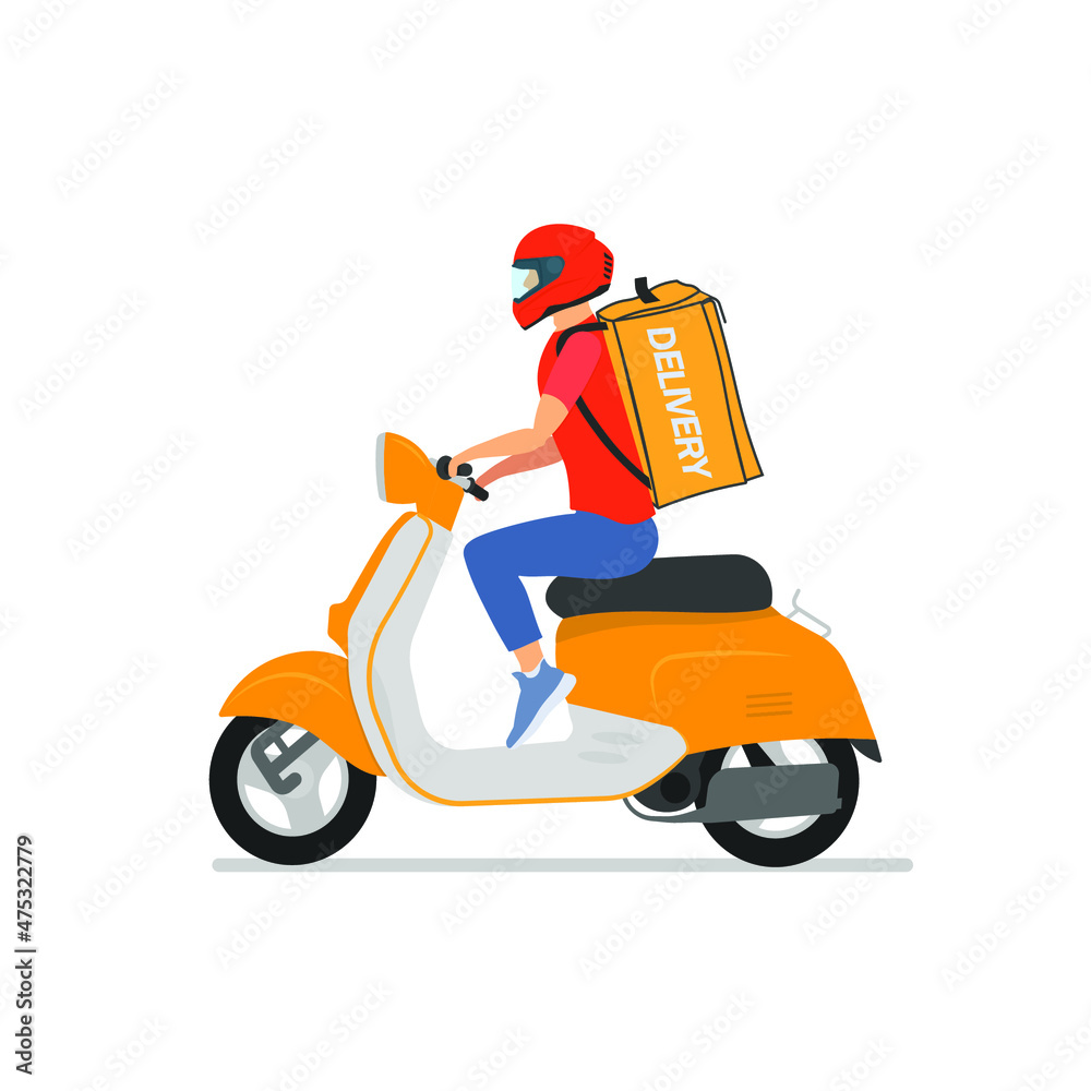 Delivery vector. Courier man on scooter with parcels. Delivery courier with parcel on scooter illustration.