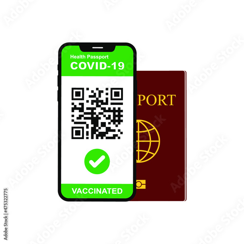Covid-19 vaccine passport on smartphone with QR code. Traveling during coronavirus pandemic. Vector illustration
