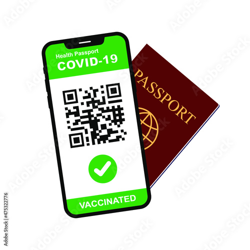 Covid-19 vaccine passport on smartphone with QR code. Traveling during coronavirus pandemic. Vector illustration