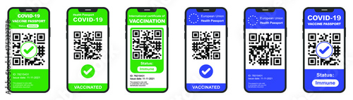 Vaccination certificate or vaccine passport in smartphone screen. Covid-19 immunity passport. Vector isolated on white.