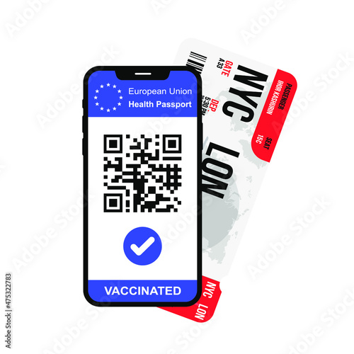 Covid-19 vaccine passport on smartphone with QR code. Traveling during coronavirus pandemic. Vector illustration