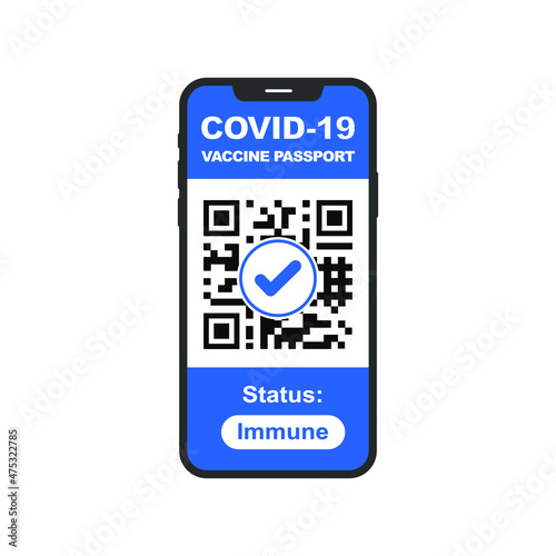 Covid-19 vaccine passport on smartphone with QR code. Traveling during coronavirus pandemic. Vector illustration