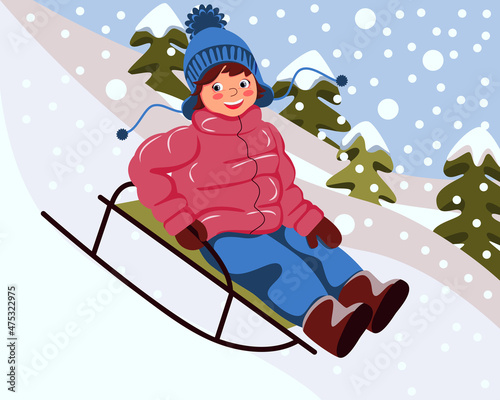 Illustration of a boy going down the slope in a sleigh. Children's sleds. Winter entertainment.