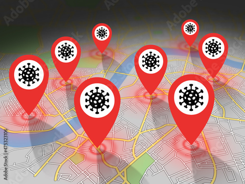 London map with multiple coronavirus alerts indicated by red GPS alert pins. 3D illustration.