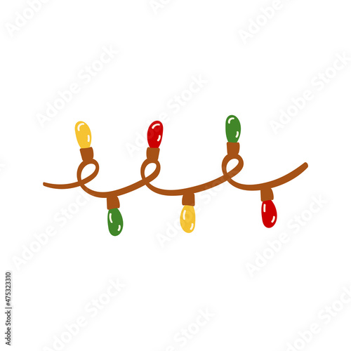 Christmas garland, colored light bulbs in doodle style. Cute vector illustration for holiday decoration of cards, posters, concession products. Christmas and New Years element.