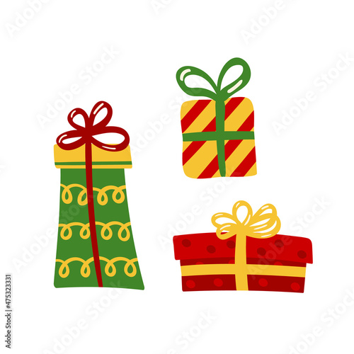 Gifts, Doodle style gift boxes. Cute vector illustration for holiday decoration of cards, posters, concession products. Christmas and New Years element.