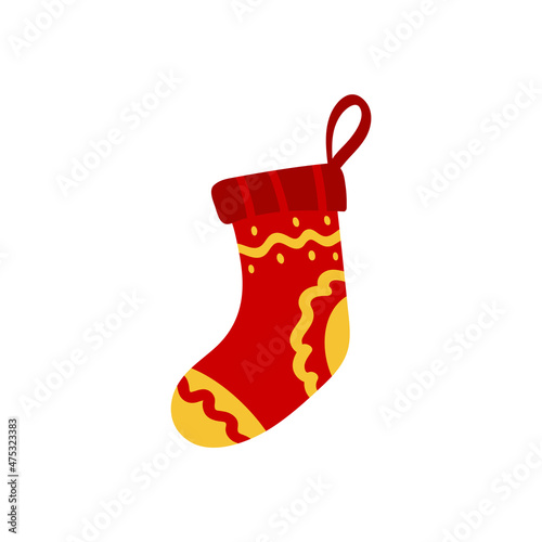 Christmas red sock for gifts in doodle style. Cute vector illustration for holiday decoration of cards, posters, concession products. Christmas and New Years element.