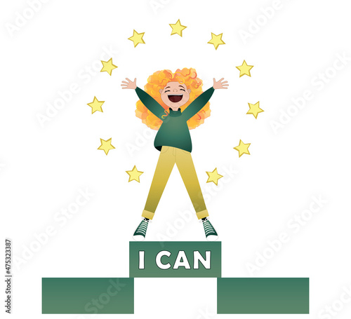 the joy and happiness of a person from victory over himself, a girl in green clothes stands with her hands up in a victorious gesture on the podium, the inscription I can, vector illustration