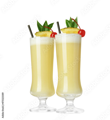 Tasty Pina Colada cocktail on white background