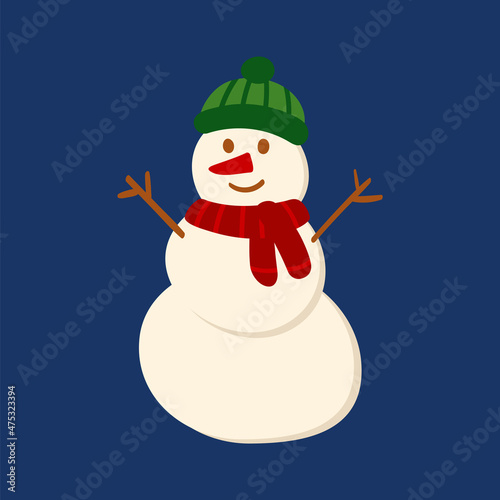 Snowman in a hat and a doodle style scarf. Cute vector illustration for holiday decoration of cards, posters, concession products. Christmas and New Years element.