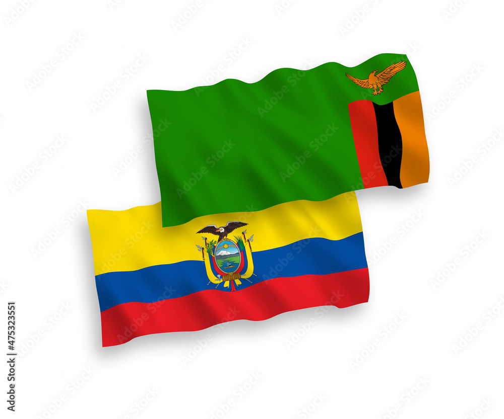Fototapeta premium Flags of Republic of Zambia and Ecuador on a white background