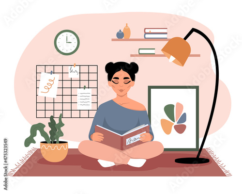 Woman reading book. Girl holding textbook. Trendy vector illustration in flat cartoon style. Literacy day concept.