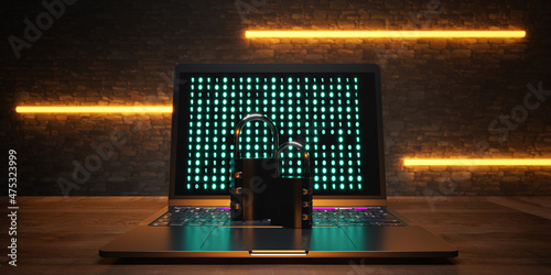 Notebook with security lock and digital numbers. Cyberspace and vulnerability. 3D rendering.