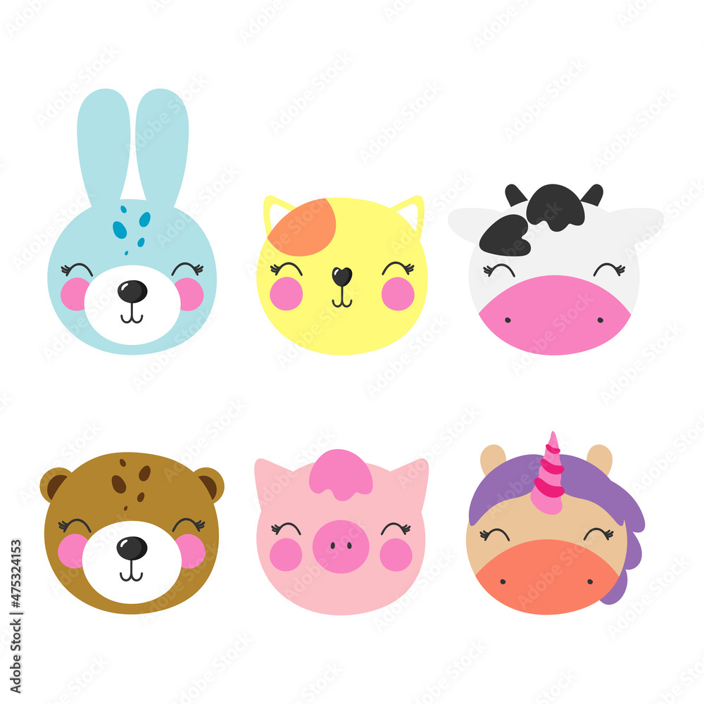 Vector illustration isolated on a white background. .Сlip art cute animal faces in cartoon style. Bunny, Bear, Cat, Cow, Pig, Unicorn. For kids stuff, card, posters, banners, avatars, icons and print.
