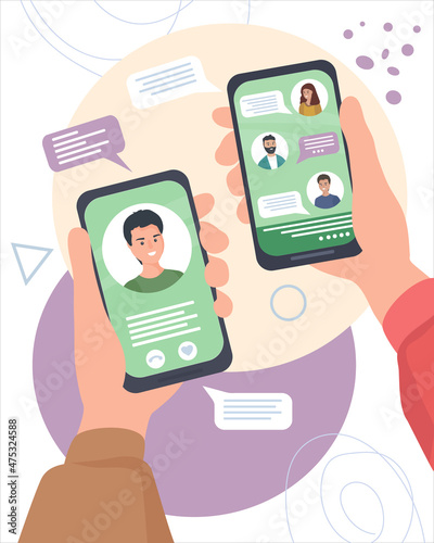Hands with smartphones. People communicate in social networks and messengers, chat, text online, use video calls. Mobile applications and Internet technology. flat vector