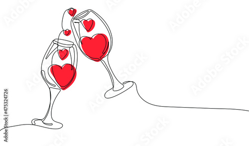 Continuous line drawing of  two glasses of wine in heart shape. Happy valentines day. Concept of romantic date. Vector illustration