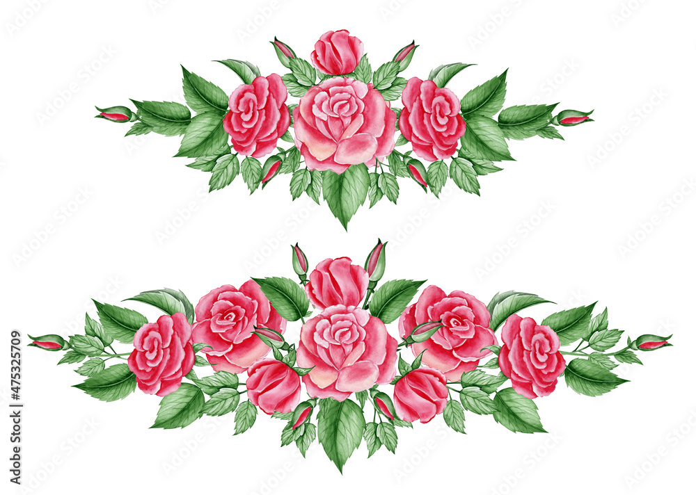 Bouquets of red, roses and green leaves. Watercolor set, bouquets, on an isolated background.