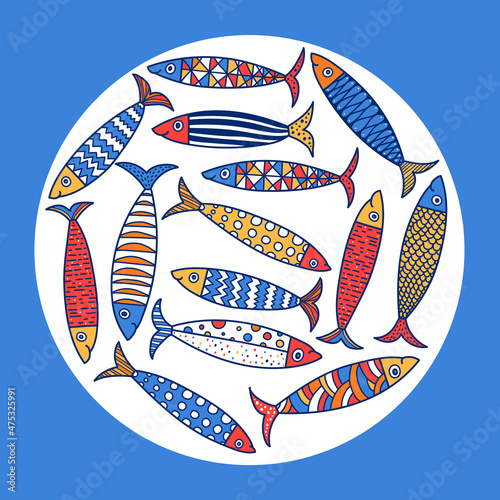 Cute fish card. Around motif with fish.