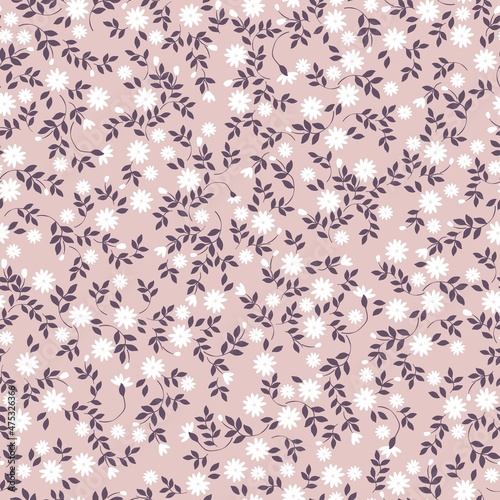Fototapeta Naklejka Na Ścianę i Meble -  Vintage pattern. Small white flowers, lilac leaves. pink background. Seamless vector template for design and fashion prints.
