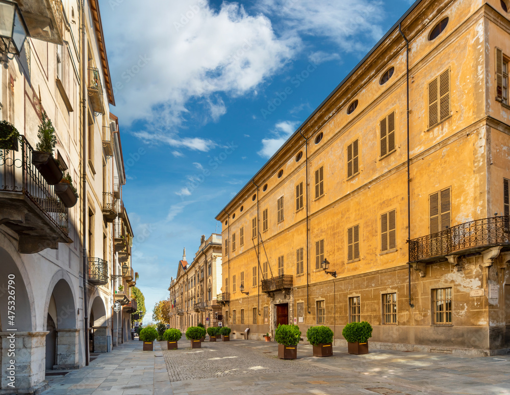 Cuneo, Piedmont, Italy - October 6, 2021: Via Roma with the Palazzo Bruno di Tornaforte (1751), in the background the Palazzo della Prefettura