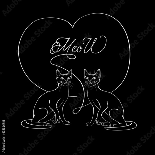 Two black cats with heart. Meow.