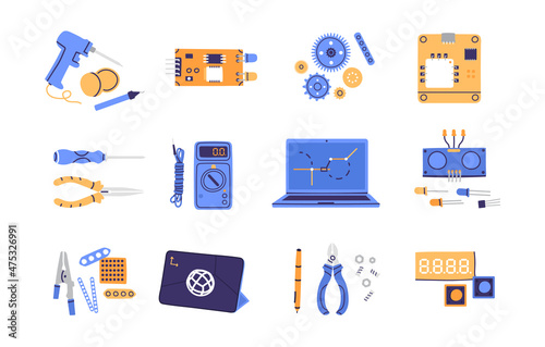 Tools for Building robot. Different instruments icon. Display, voltage measurement, wires, weld, screwdrivers, scissors, 3d, tablet, microcircuit, clipper. Product development concept. Isolated vector