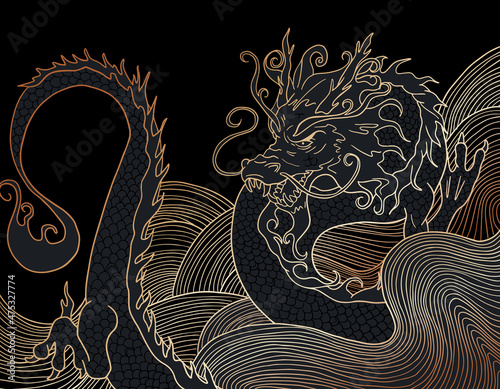 hand drawn japanese vector dragon on abstract waves in black and gold colours  © Анна Удод