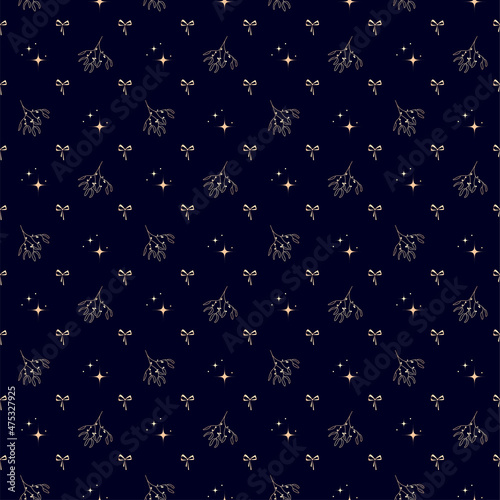 Luxury festive blue stylish background with golden snowflakes, bows and Christmas trees. Ornament for gift wrapping paper, fabric, clothing, textiles, surface textures.