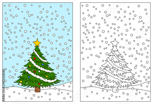 Winter background with christmas tree. Coloring book page for children. Colored and outline vector illustration isolated on white background. Game for kids.