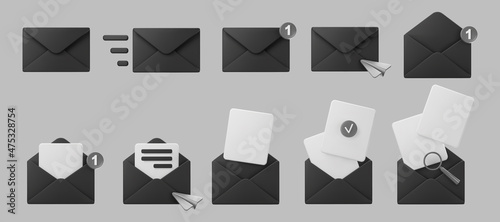 3d black mail envelope icon set with marker new message isolated on grey background. Render email notification with letters, check mark, paper plane and magnifying glass icons. 3d realistic vector