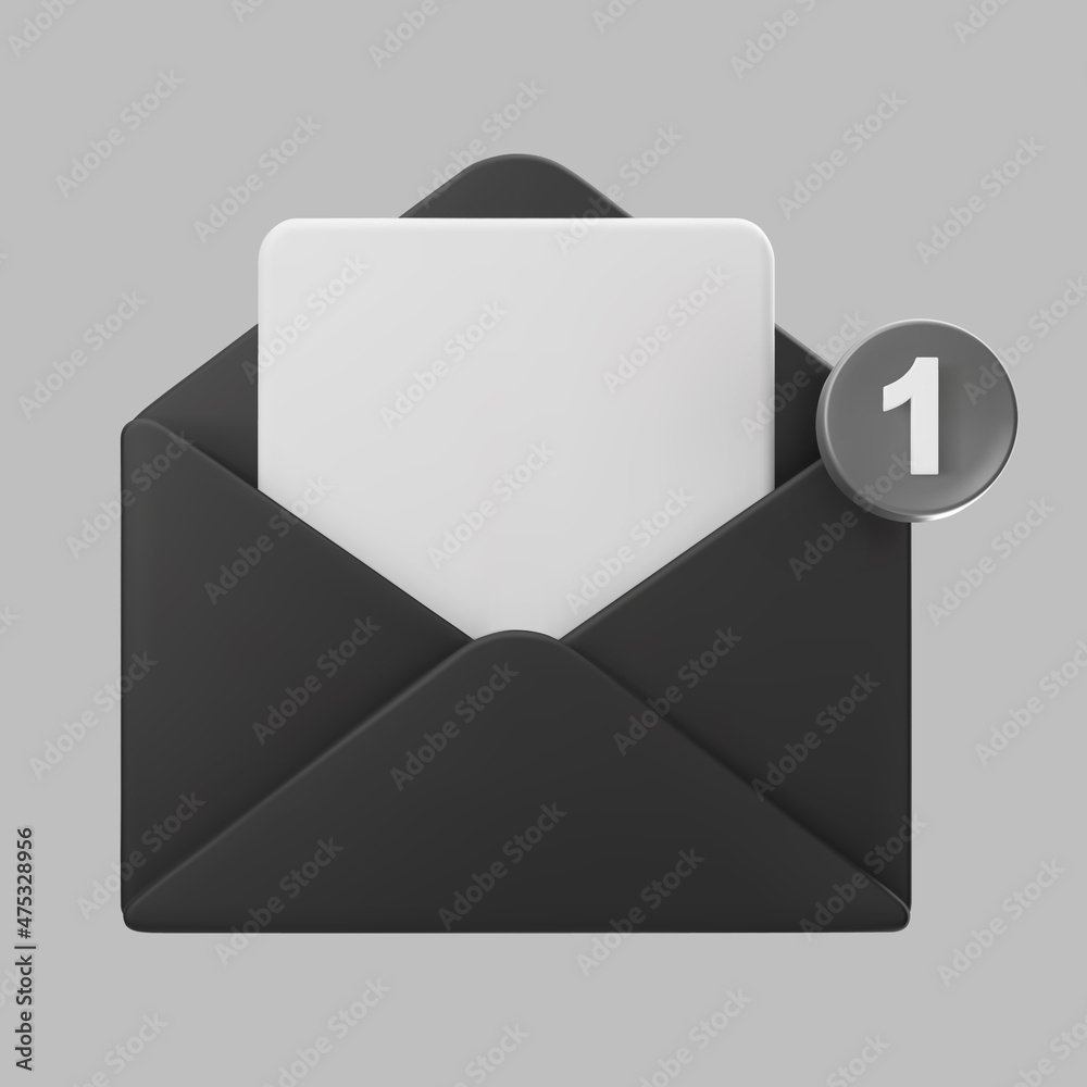 3d black open mail envelope icon with marker new message isolated on grey background. Render new email notification. 3d realistic minimal vector 3d black open mail envelope icon with marker new message isolated on grey background. Render new email notification. 3d realistic minimal vector
