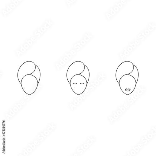 Towel on girl head line icon, spa salon procedure concept, Woman with washed hair in towel sign on white background, beautiful girl in towel on her head icon outline style. Vector graphics set