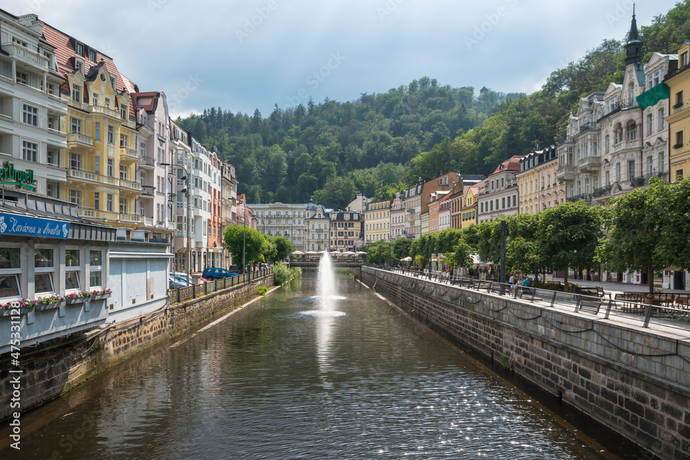Karlovy Vary, Czech Republic, June 2019 - view of some beautiful houses by the Tepla River