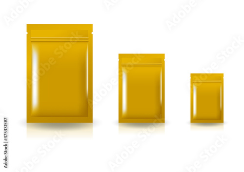 Blank yellow gold standing ziplock bag (3 sizes) mockup template. 