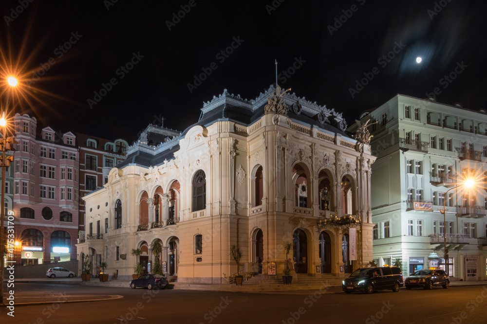 Obraz premium Karlovy Vary, Czech Republic, June 2019 - night view of Karlovy Vary City Theatre