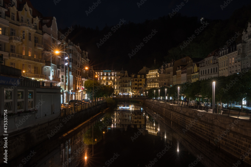 Karlovy Vary, Czech Republic, June 2019- night view of the city and it's beautiful lights
