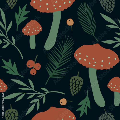 Vector seamless pattern with forest plants and mushrooms