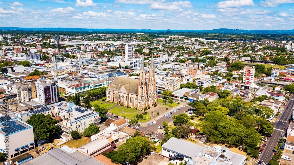 Venâncio Aires RS. Aerial view of the cathedral, central square and city of Venâncio Aires