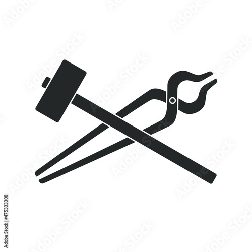 Blacksmith tools graphic sign. Smithy symbol. Forging tools sign isolated on white background. Vector illustration
