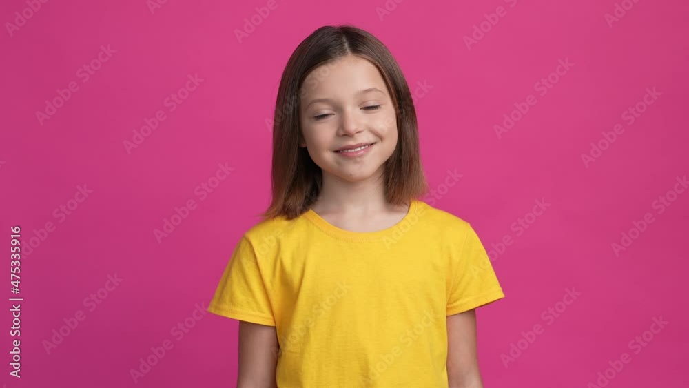 Positive girl enjoy weekend isolated bright color background Positive girl enjoy weekend isolated bright color background