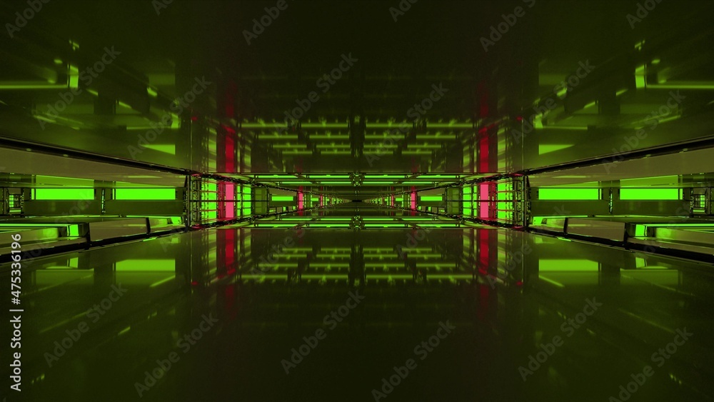 3d illustration of endless 4K UHD tunnel with bright green illumination