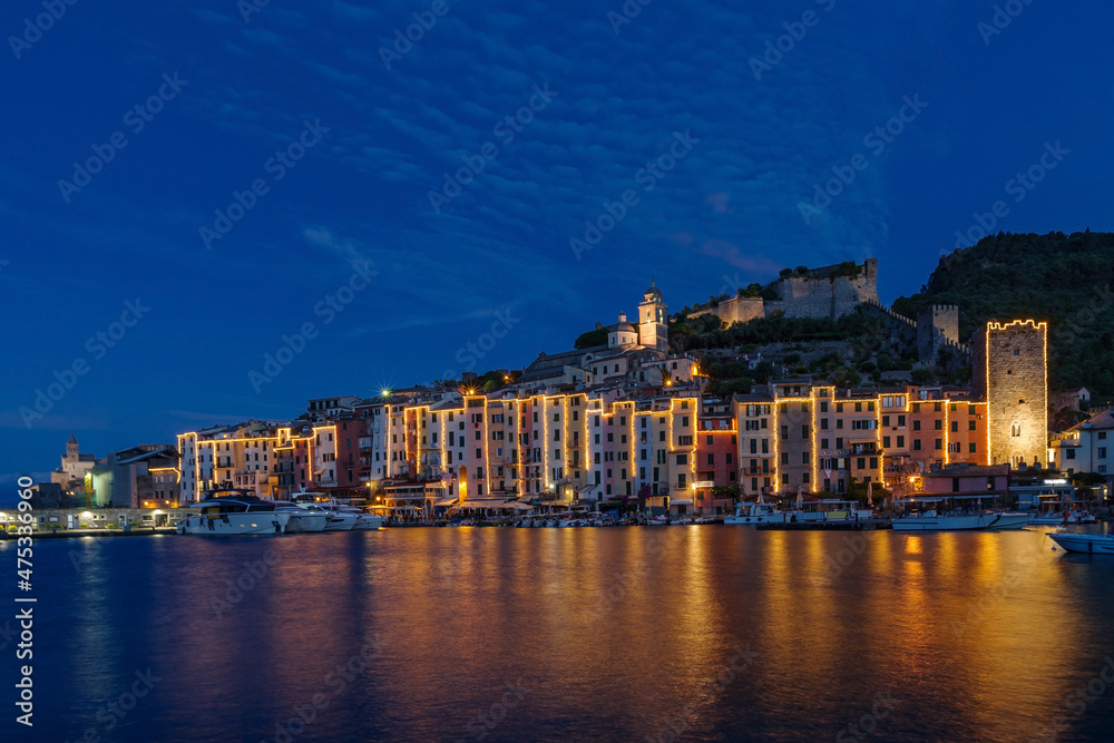 Townscape of the old town of Porto Venere at dusk, Italy
