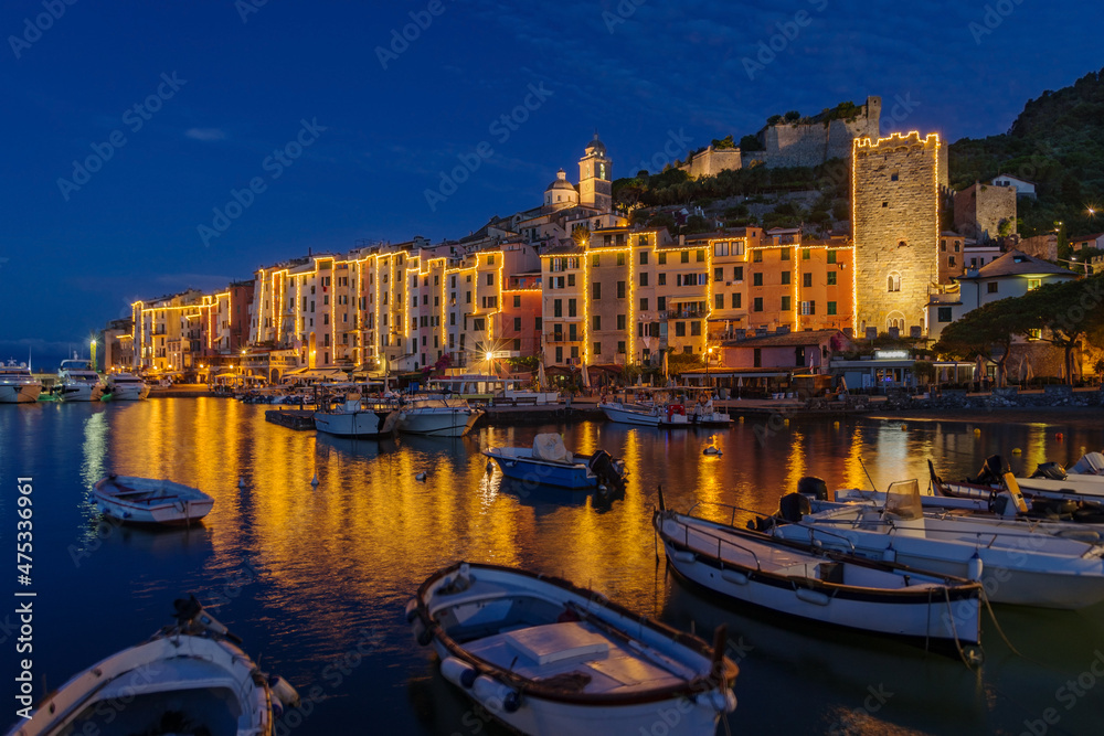 Townscape of the old town of Porto Venere at dusk, Italy