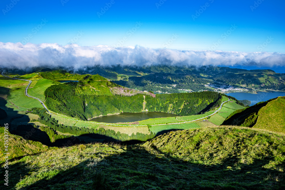 Panoramic landscape with three crater lakes, São Miguel Island, Azores, Açores, Portugal, Europe.