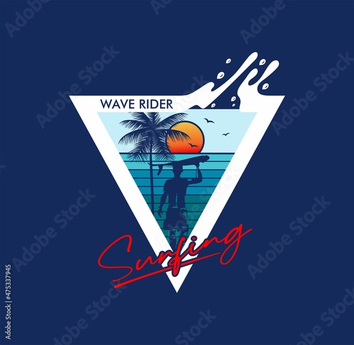 Wave Rider Surfing California stylish t-shirt and apparel trendy design with palm trees silhouettes, typography, print, vector illustration. Global swatches