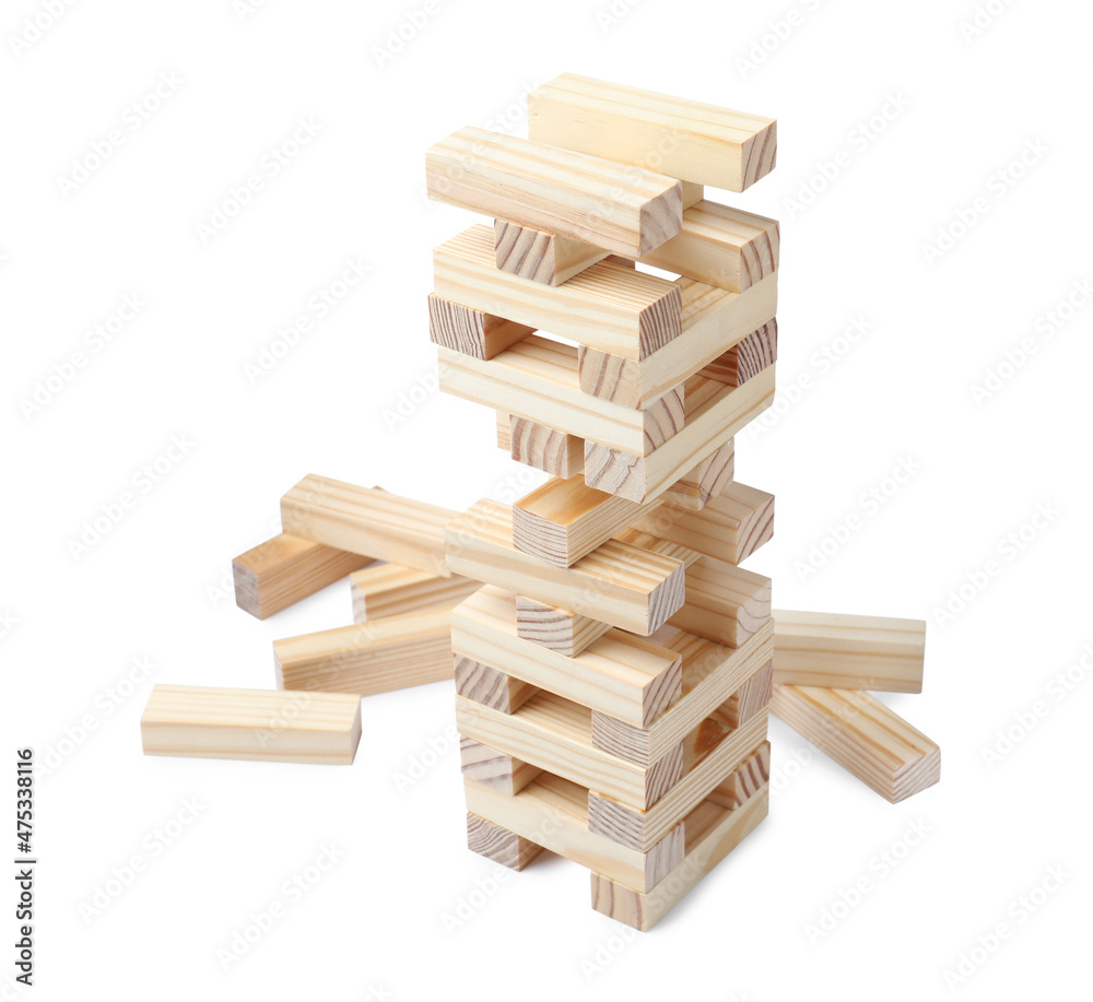 Jenga tower made of wooden blocks on white background Jenga tower made of wooden blocks on white background