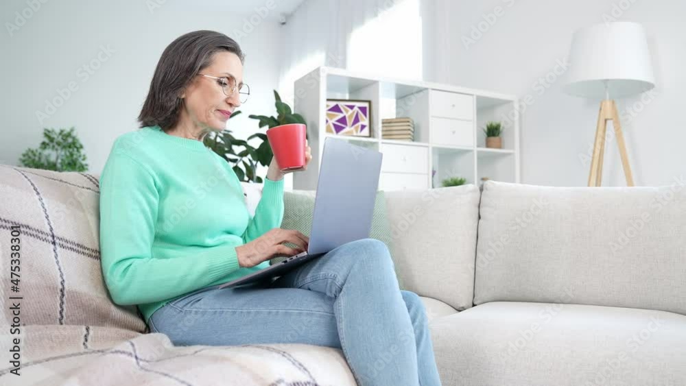 Manager lady sit cozy couch drink latte use netbook app in apartment Manager lady sit cozy couch drink latte use netbook app in apartment